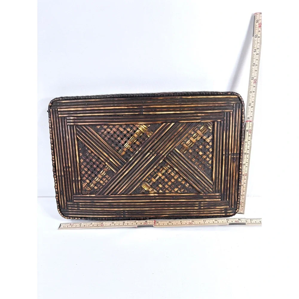 Vintage Woven Rattan Bamboo Serving Tray Brown Burnt Geometric Basketweave 16in‎